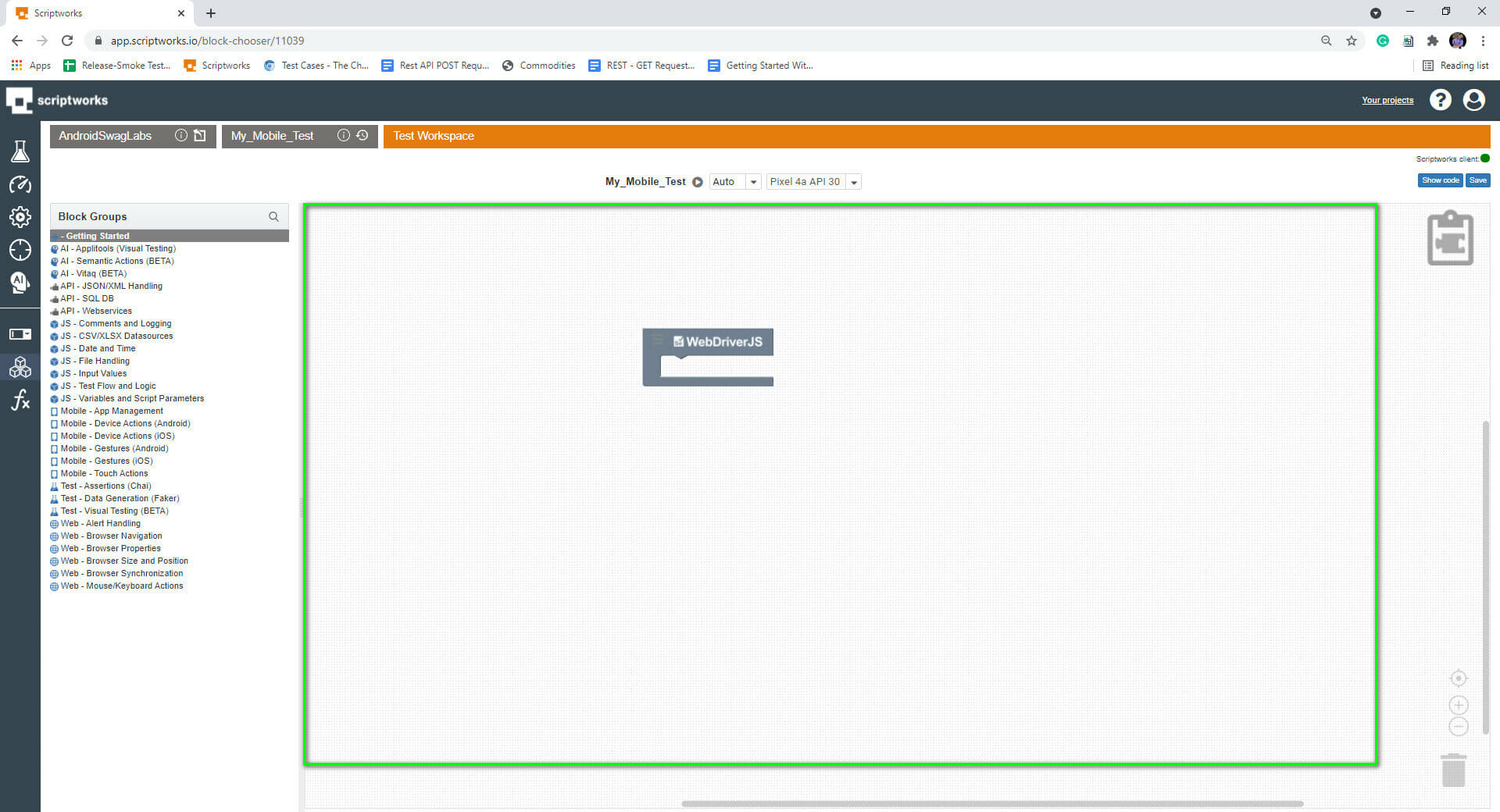 screenshot of putting webdriverjs in canvas